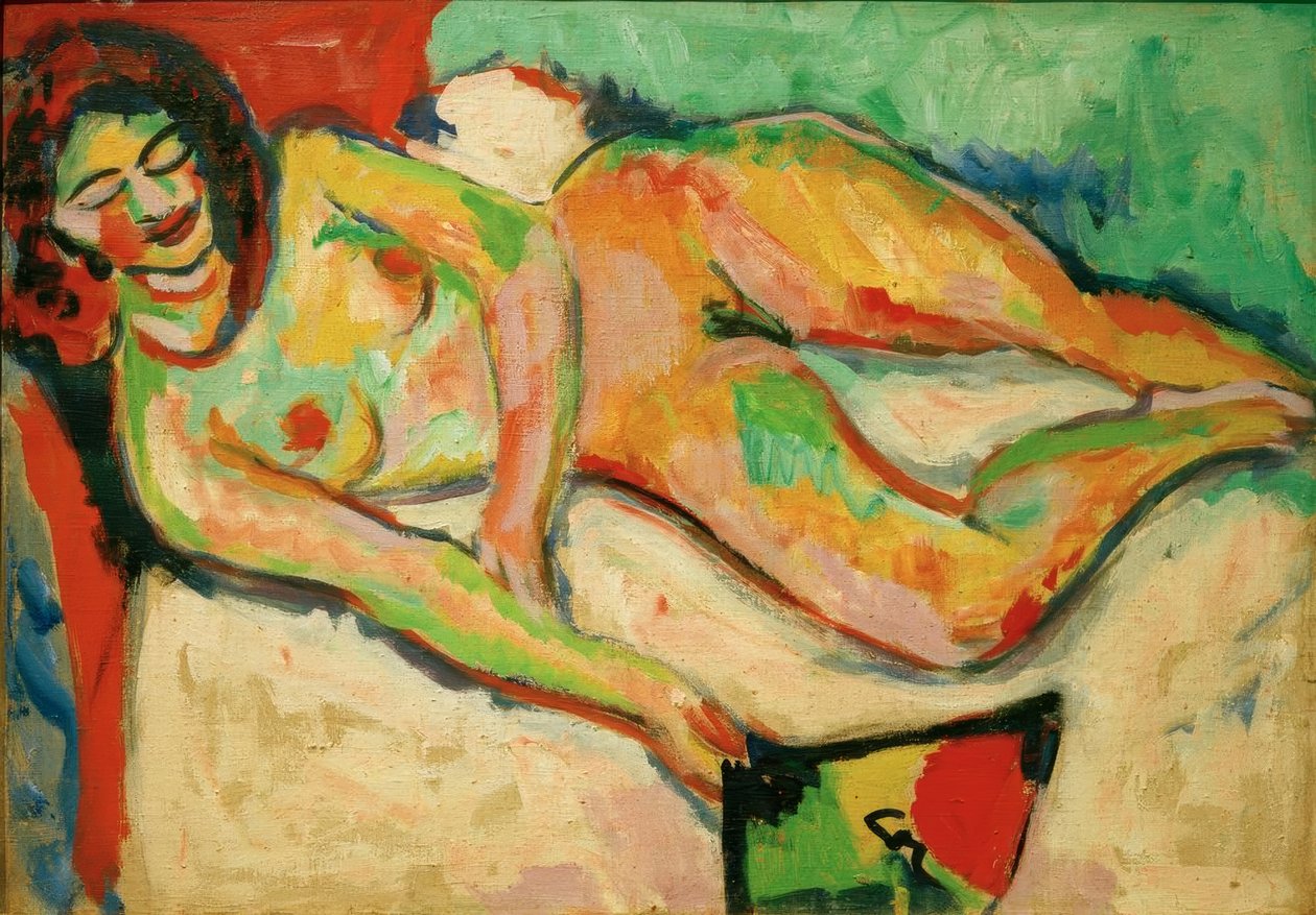 Deitado nu com fã de Ernst Ludwig Kirchner