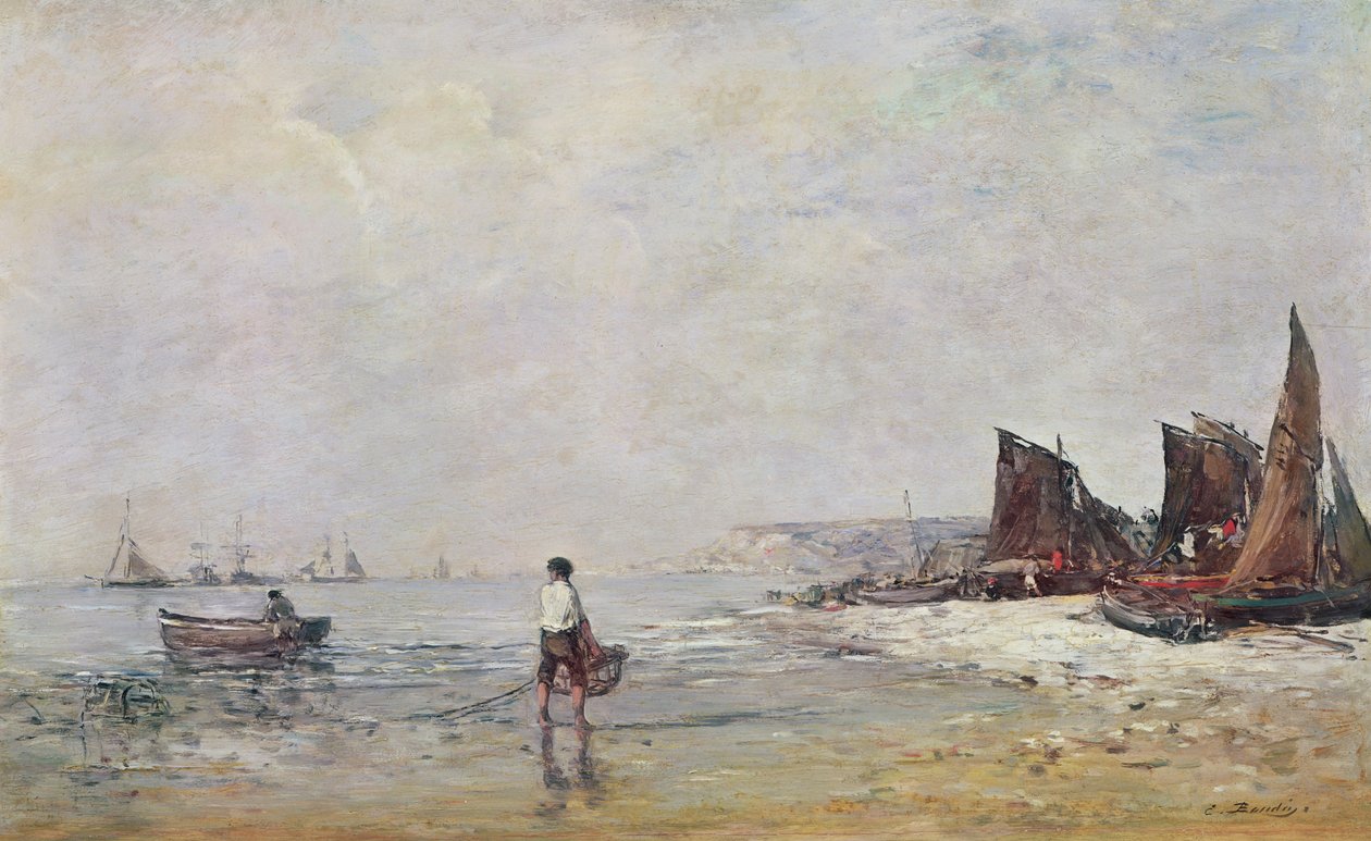 Pescador, em, Villerville, maré baixa de Eugene Louis Boudin