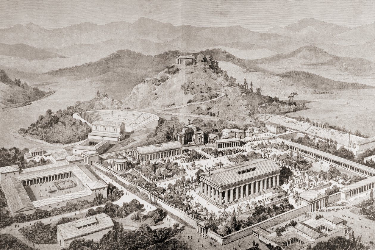 A impressão artística de Olympia, na Grécia, na época dos antigos Jogos Olímpicos, de "El Mundo Ilustrado", publicado em Barcelona, 1880 de European School