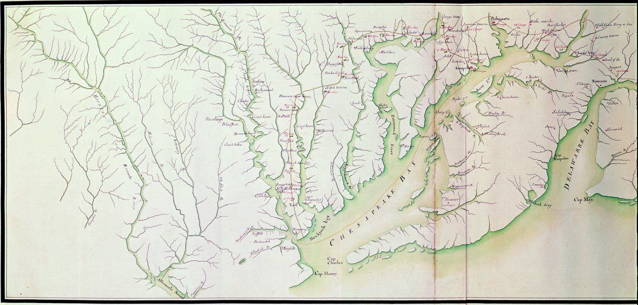 Mapa geral dos acampamentos e marche do exército na América sob as ordens de Rochambeau, detalhe do lado esquerdo, de Guerre de lAmerique, c.1780-81 cor gravura ver também 440787 de F. Dubourg