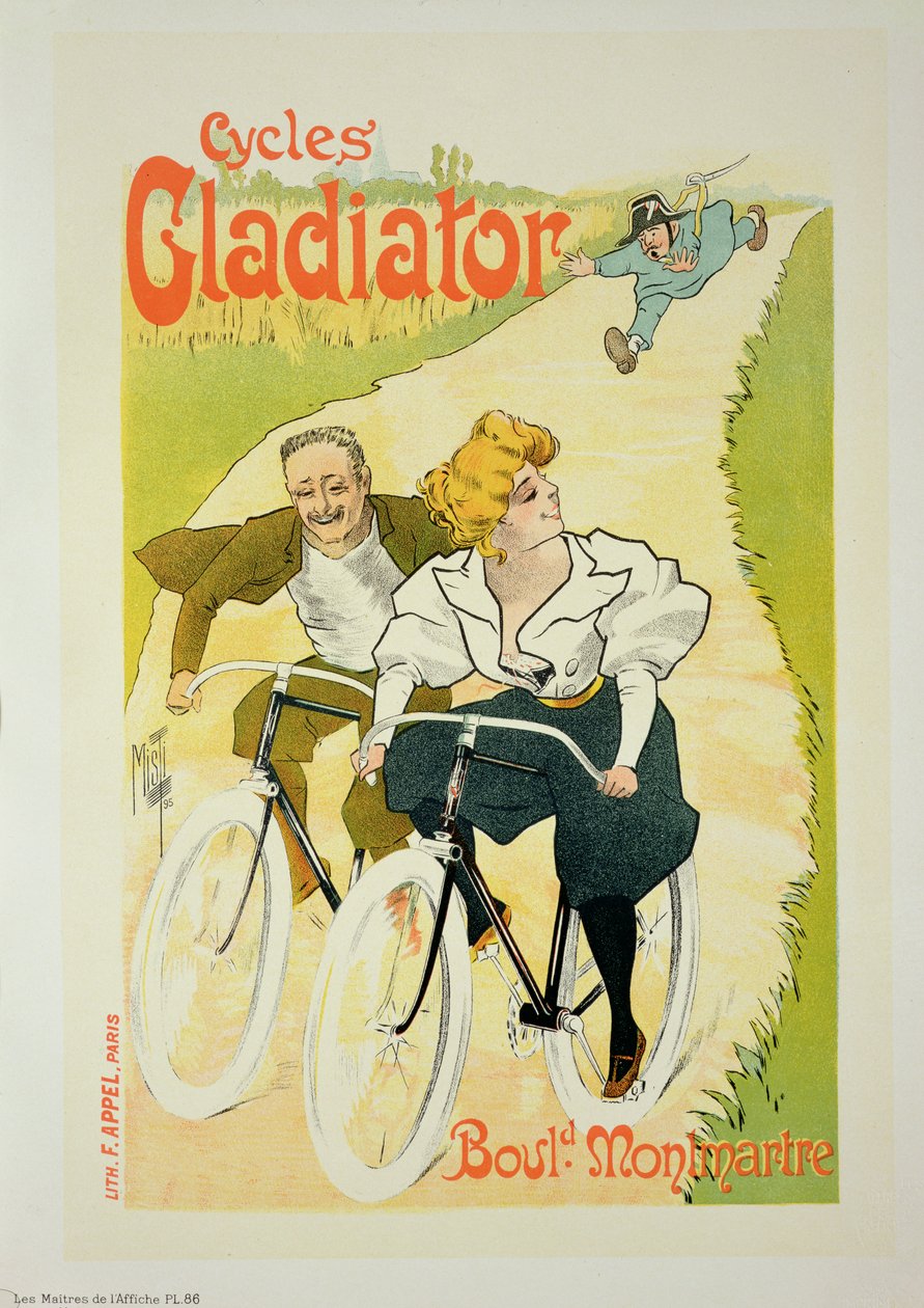 Reprodução de um cartaz publicitário &39;Gladiator Cycles&39;, Boulevard Montmartre, Paris, 1895 de Ferdinand Misti Mifliez