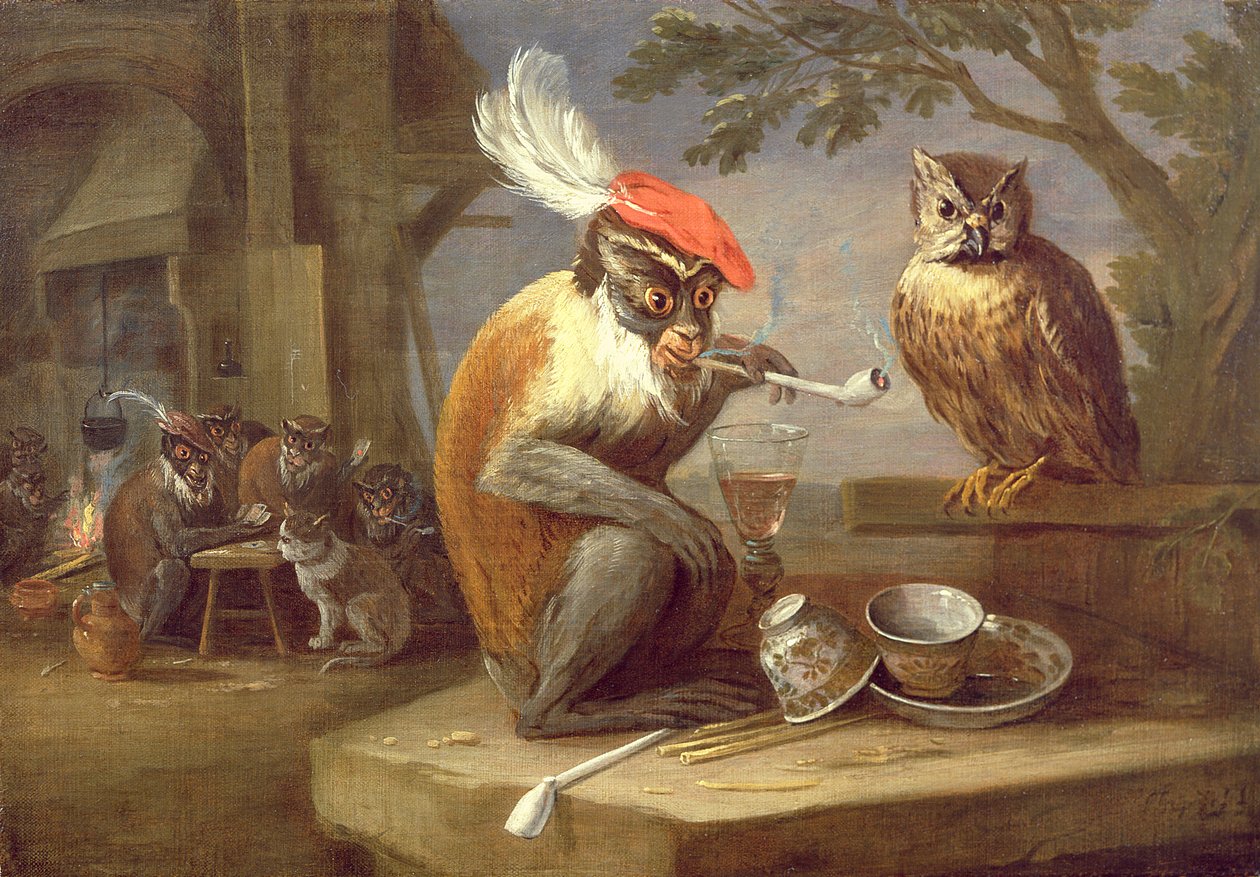 Macaco fumando e bebendo com uma coruja de Ferdinand van Kessel