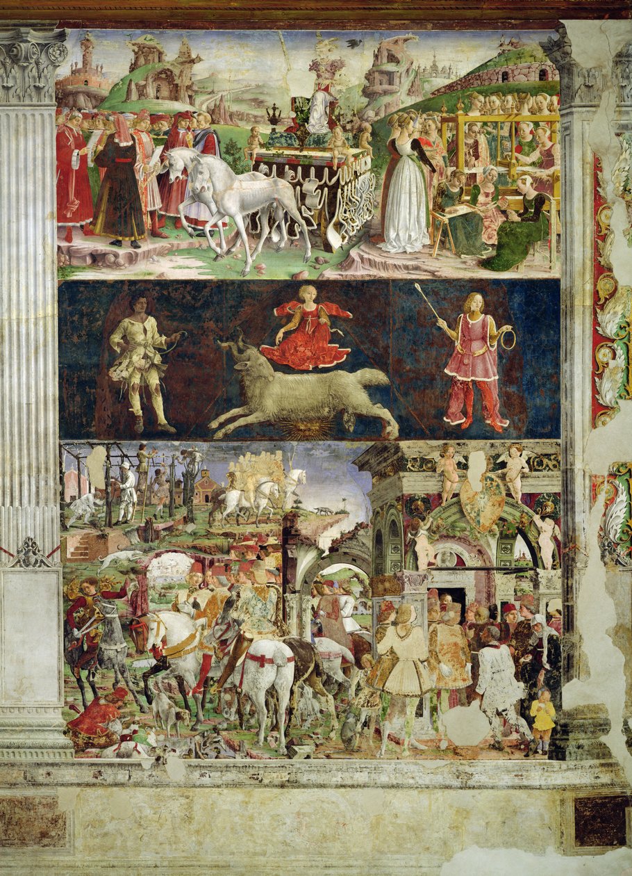 Alegoria de março: o triunfo de Minerva, o símbolo astrológico de Áries e Borso d&39;Este fazendo justiça e partindo para a caça, 1469-70, de Francesco del Cossa