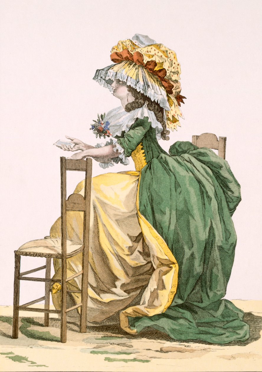 Senhoras de vestido elaborado, gravado por Bacquoy, placa de &39;Galeries des Modes et trajes Francais&39;, c.1778-87 99: vestuário; vestido tradicional; traje tradicional; moda; illustrat de Francois Louis Joseph Watteau