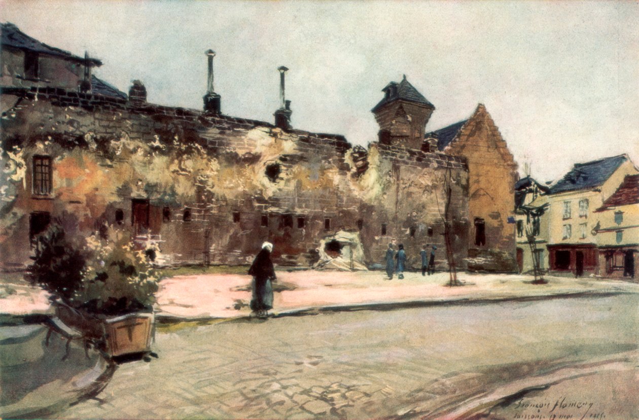 O quartel em Soissons, França, 1915, 1926. de Francois Flameng