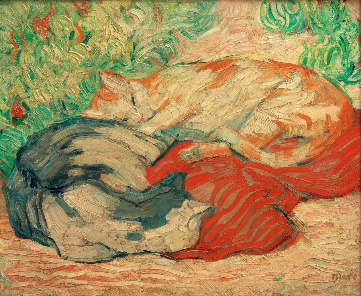 Gatos em pano vermelho de Franz Marc