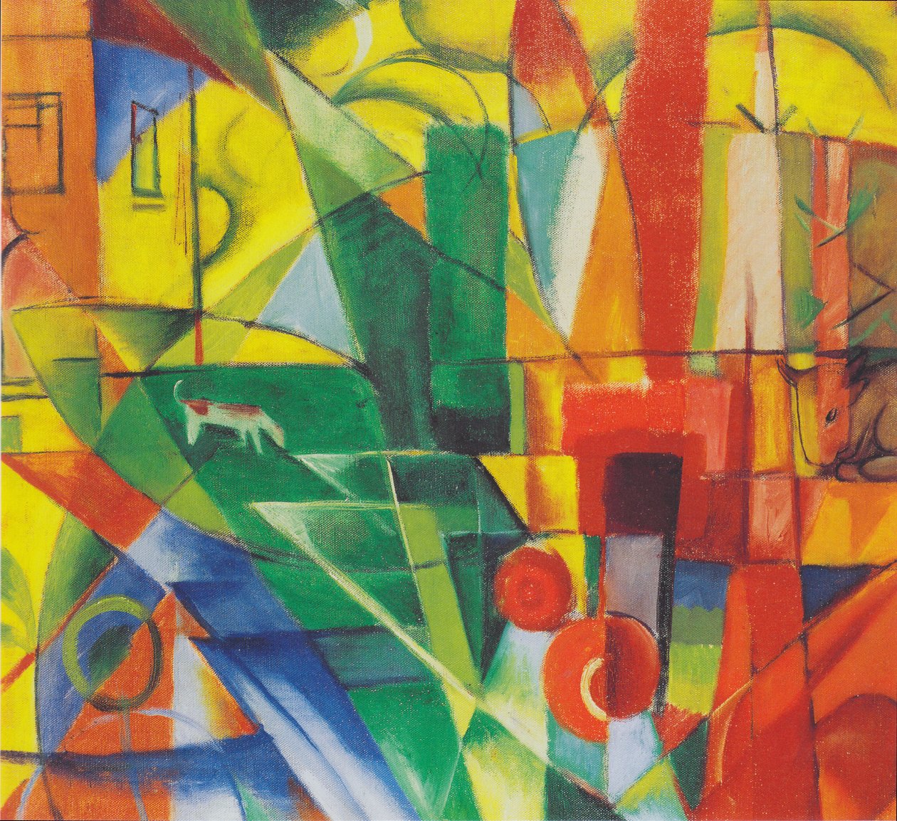 Paisagem com casa, cachorro e gado de Franz Marc