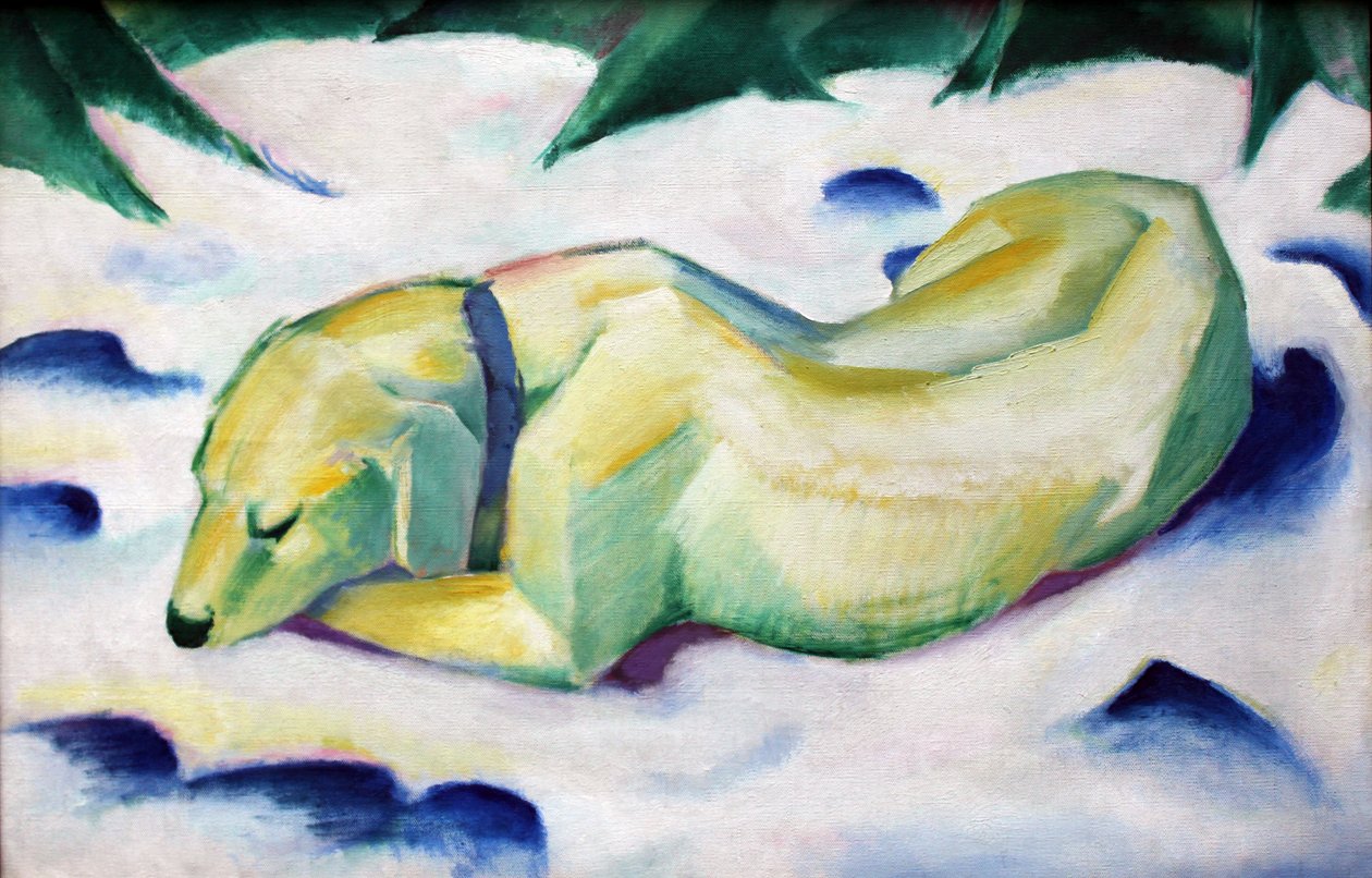Cachorro deitado na neve de Franz Marc