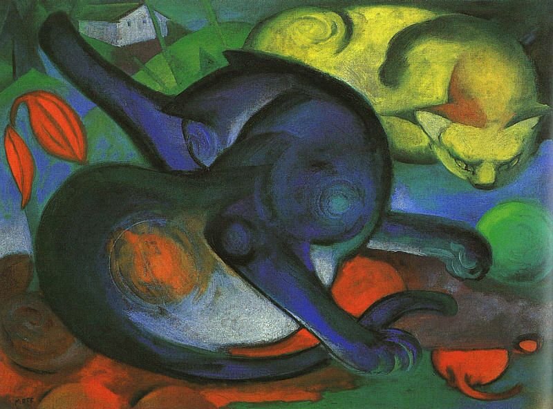 Dois gatos, azul e amarelo de Franz Marc