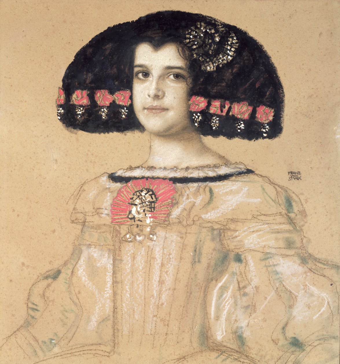 Retrato de Maria, a Filha do Artista, c.1908 (lápis, lavagem e pastel a bordo) de Franz von Stuck