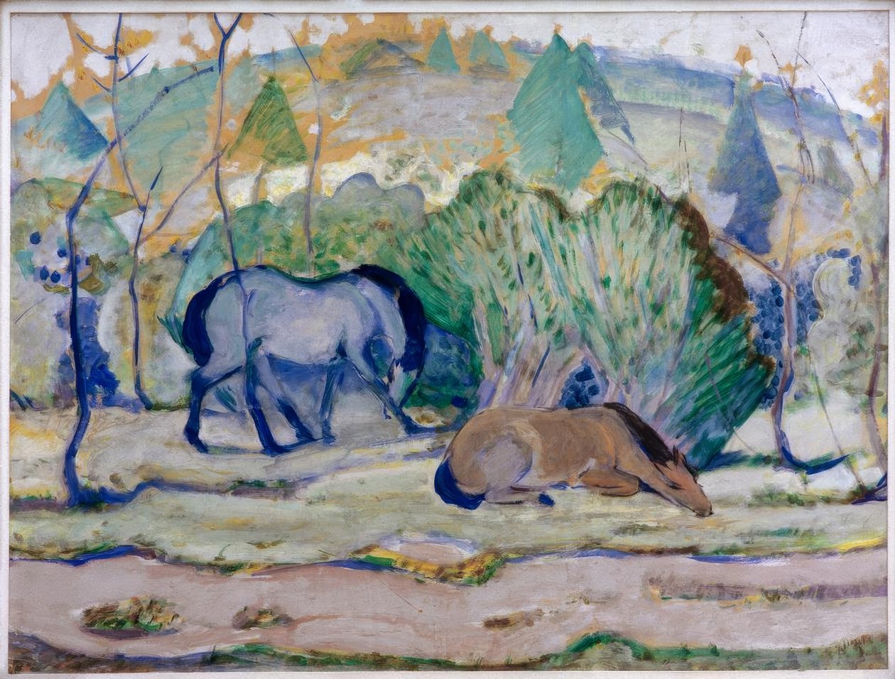 Cavalos no pasto (cavalos na paisagem) de Franz Marc