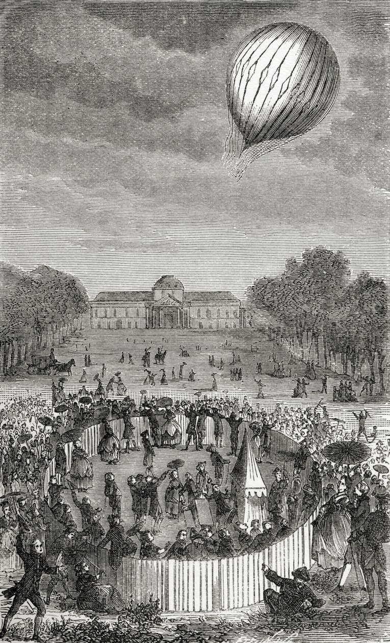 Subida do balão de Charles sobre o Champs de Mars, de "Wonderful Balloon Ascents ou the Conquest of the Skies", de Fulgence Marion, publicado em c.1870 de French School