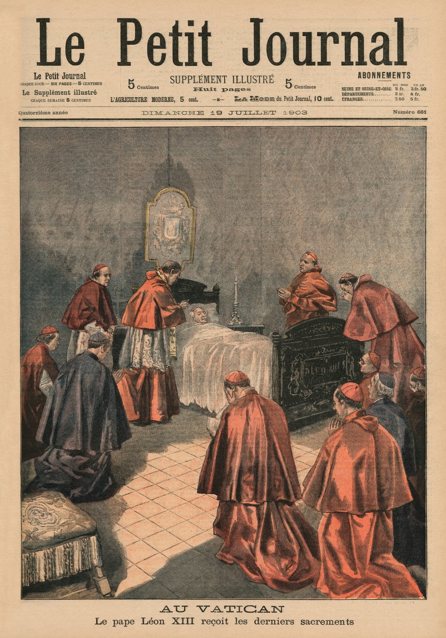 No Vaticano, Papa Leão XIII recebendo os últimos ritos, ilustração da capa do &39;Le Petit Journal&39;, suplemento ilustrativo, 19 de julho de 1903 de French School