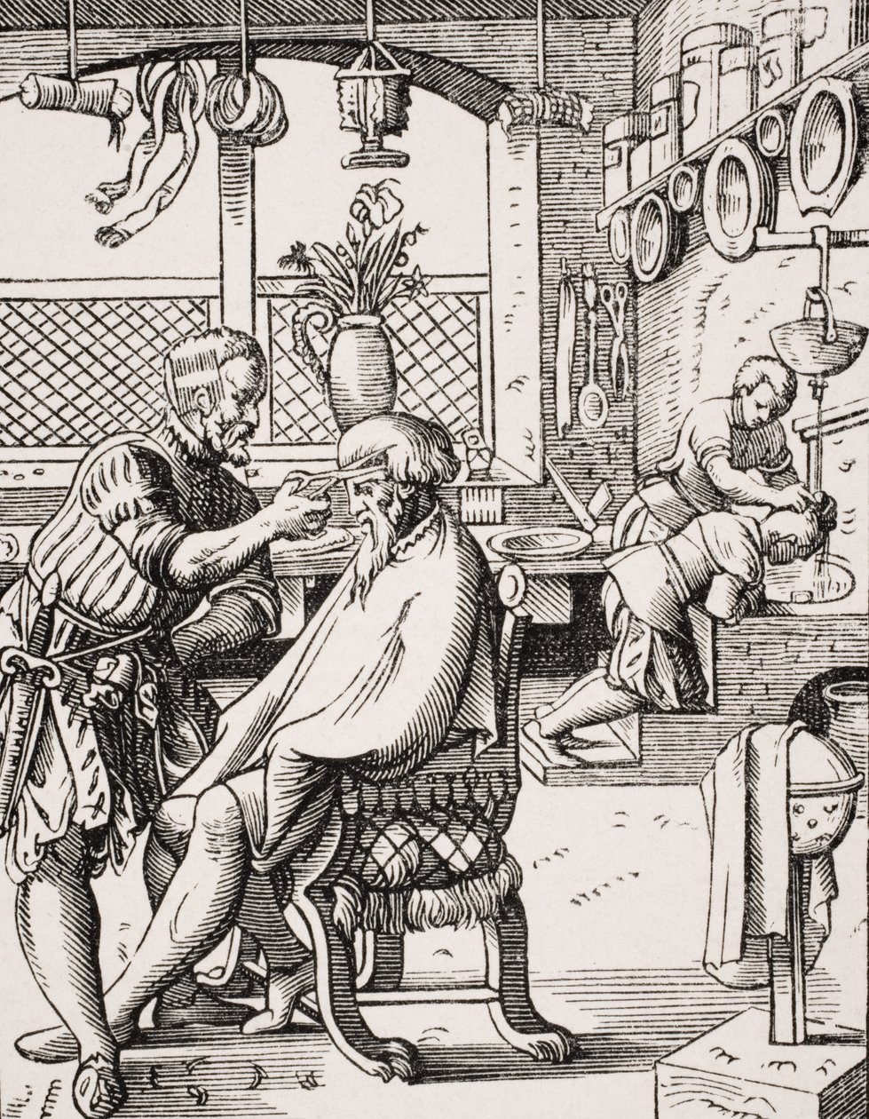 Barbeiro, reprodução de uma xilogravura de Jost Amman (1539-91) de "A Idade Média e o Renascimento", de Paul Lacroix (1806-84), publicada em 1847 de French School