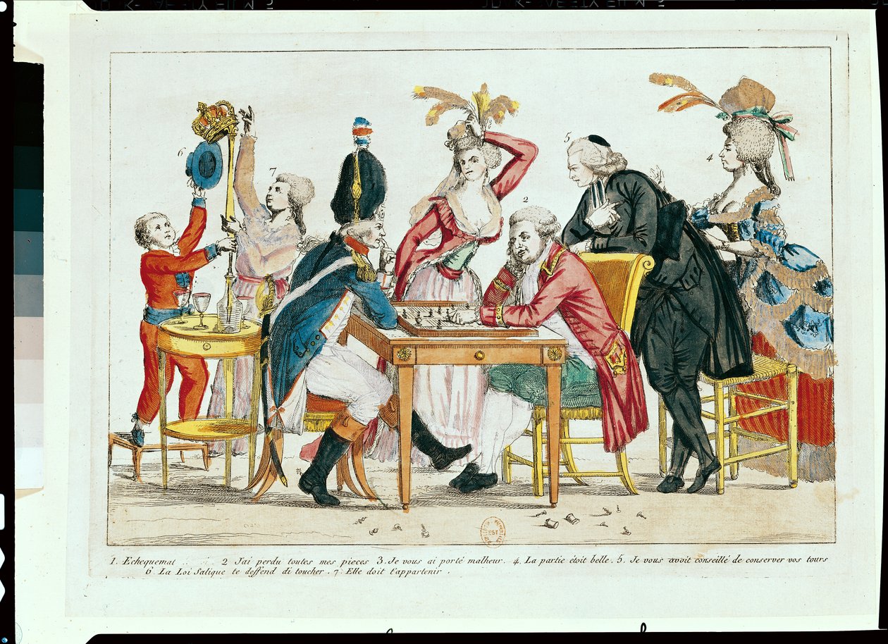 Caricatura de Luís XVI (1754-93) jogando xadrez com um soldado da Guarda Nacional de French School