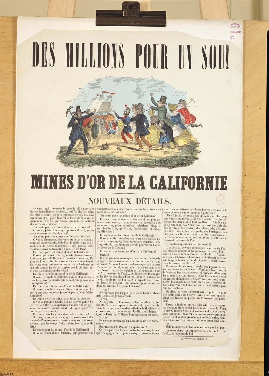 Cartaz publicitário as minas de ouro na Califórnia (gravura a cores) de French School
