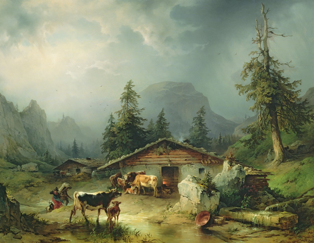 Cabana alpina no tempo chuvoso, 1850 de Friedrich Gauermann