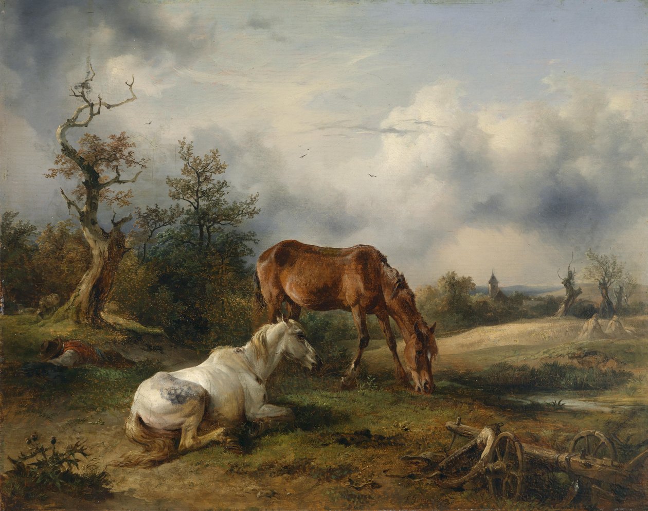 Dois cavalos (um cavalo branco e uma raposa) no pasto de Friedrich Gauermann