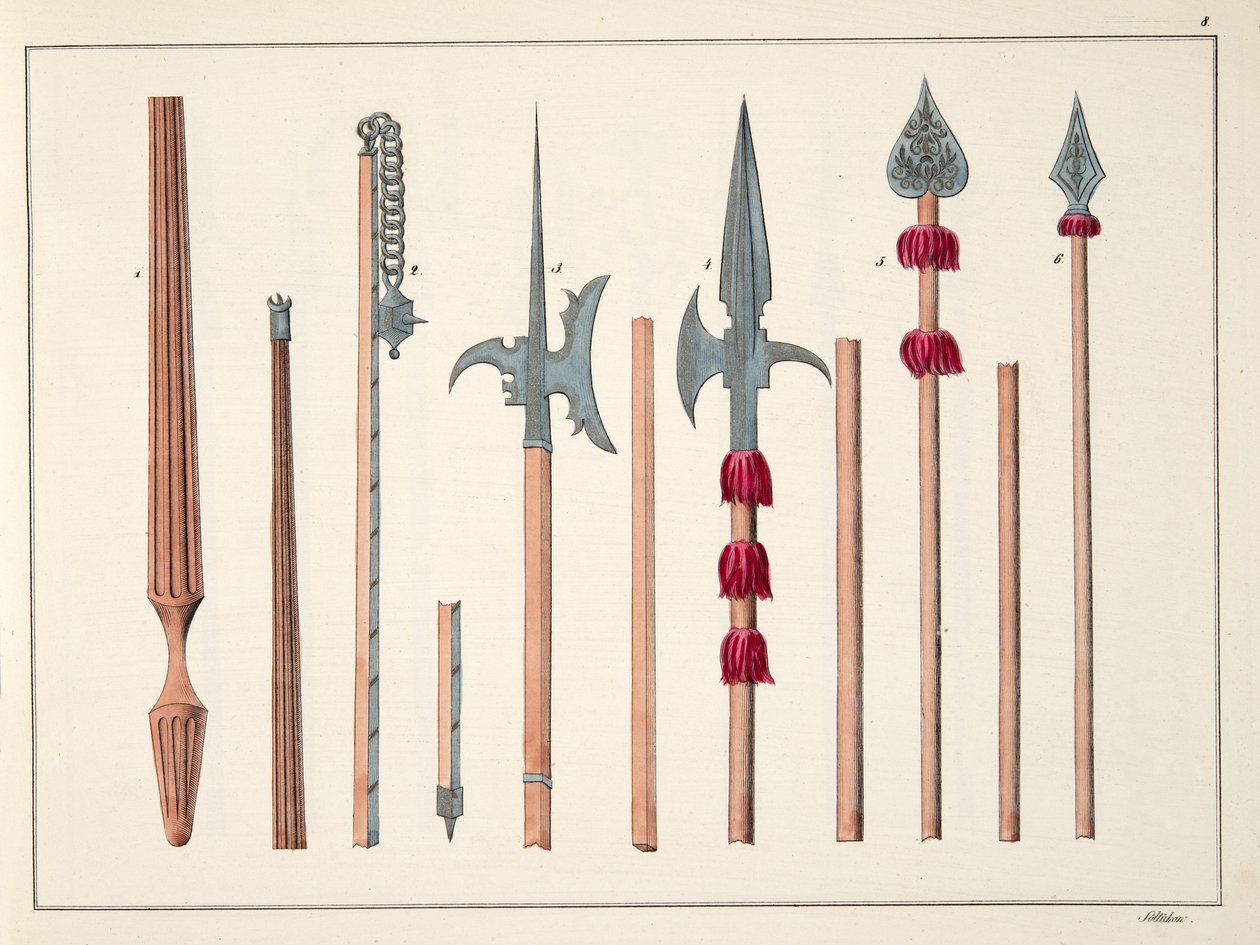 Lanças, lanças, alabardas e partisanos, placa de "Uma História do Desenvolvimento e Costumes de Cavalaria", do Dr. Franz Kottenkamp, publicado por Carl Hoffmann, 1842 de Friedrich Martin von Reibisch