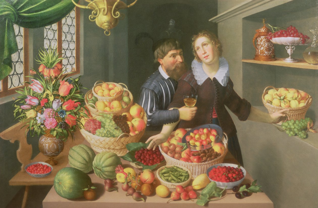 Homem e mulher antes de uma mesa com frutas e legumes de Georg Flegel