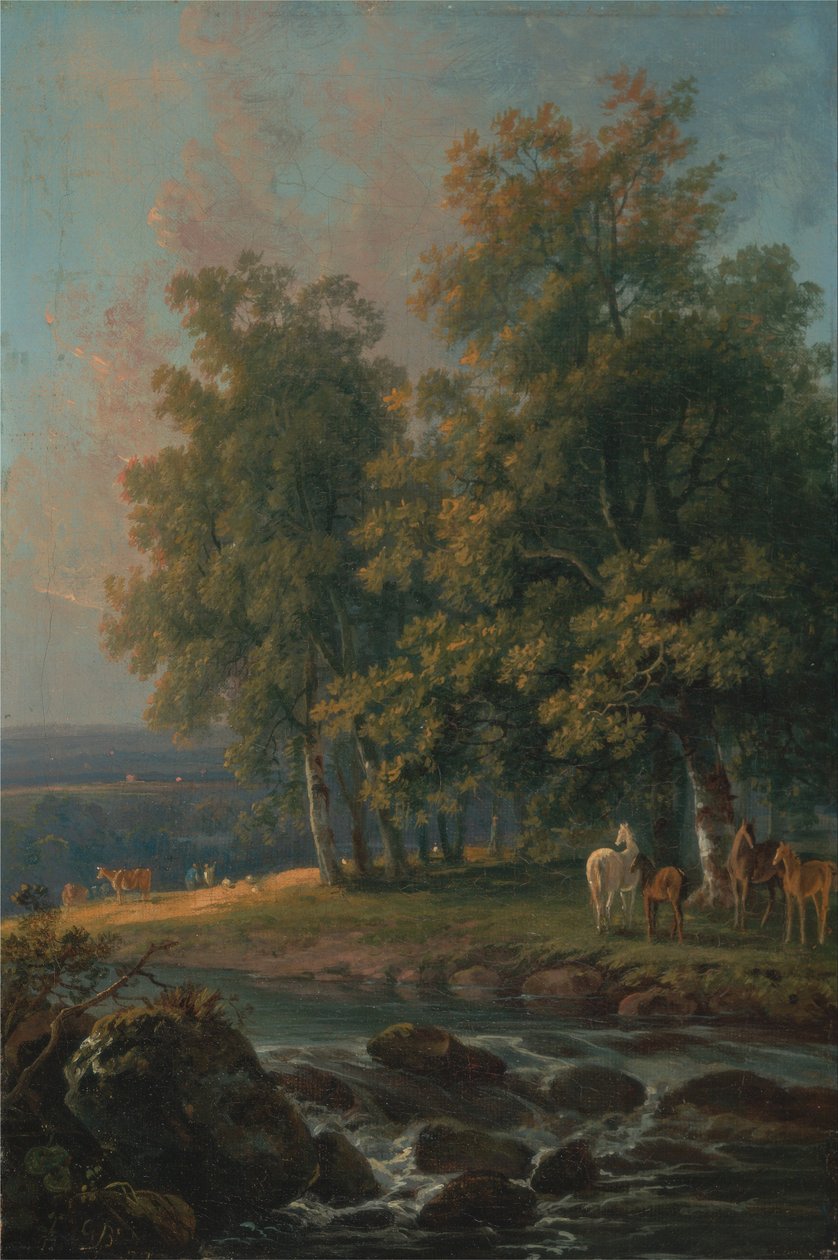 Cavalos e gado por um rio de George Barret