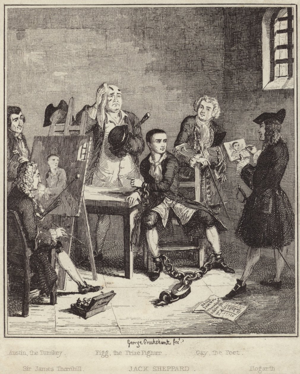 Jack Sheppard tendo seu retrato pintado por Sir James Thornhill na prisão de George Cruikshank