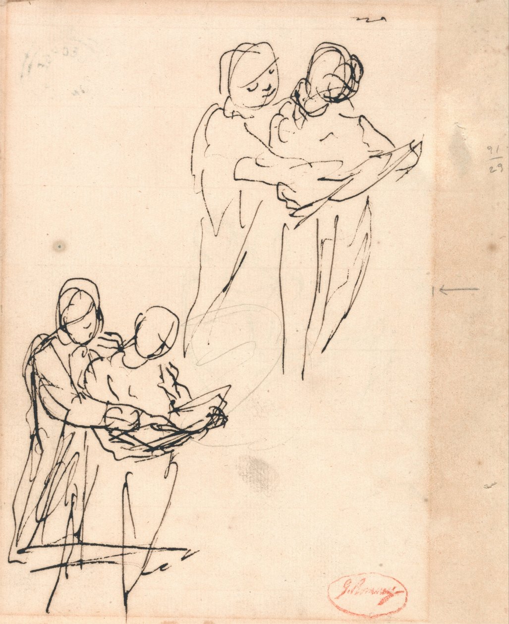 Par, examinando, um, livro de George Romney