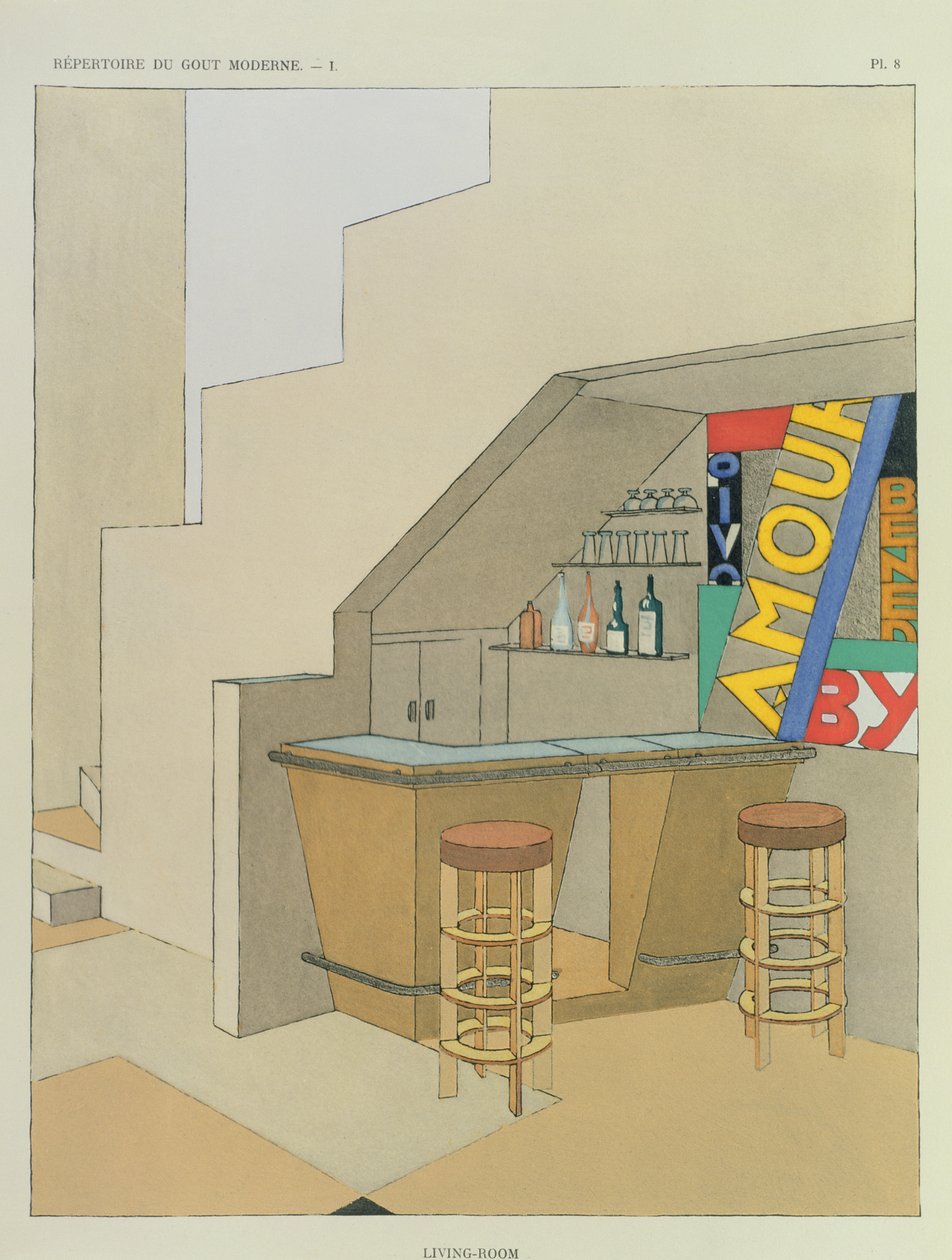 Design para um pequeno bar, de uma publicação francesa de 200 desenhos de interiores, c.1928-29 (pochoir print) de Georges Djo Bourgeois