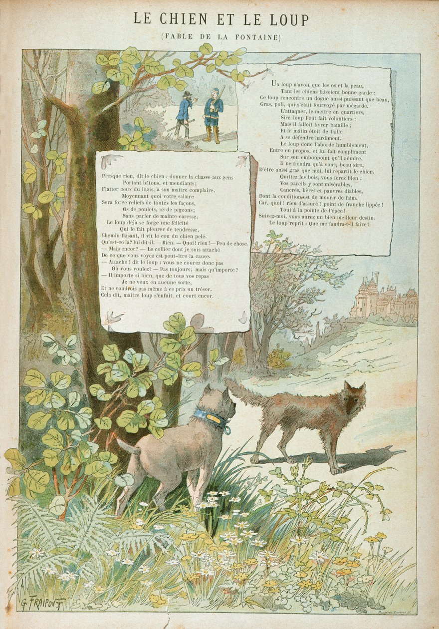 O Cão e o Lobo, de Fábulas de Jean de La Fontaine (1621-95) (gravura a cores) de Georges Fraipont