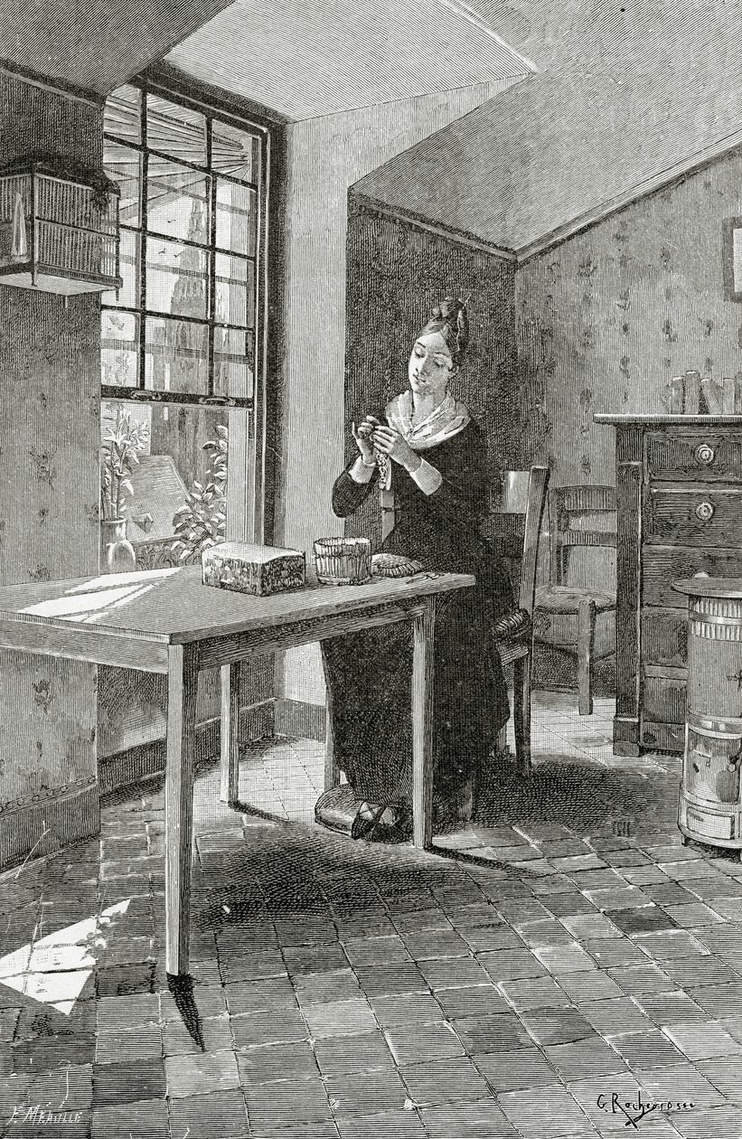 Olhe jogado em uma mansarda, do século XIX (gravura bw) de Georges Marie Rochegrosse