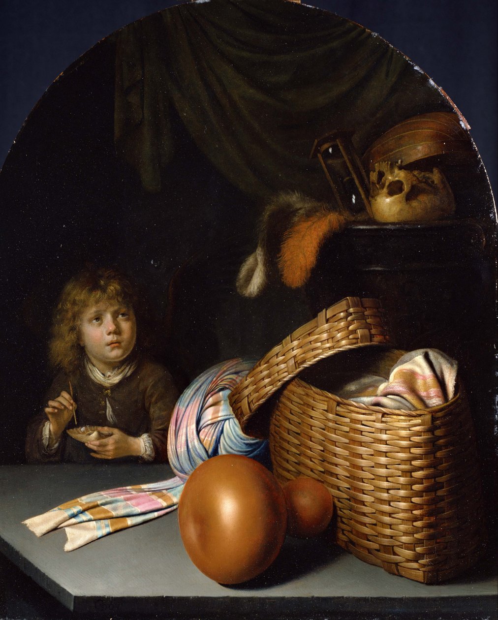 Ainda vida com um menino soprando bolhas de sabão de Gerrit Dou