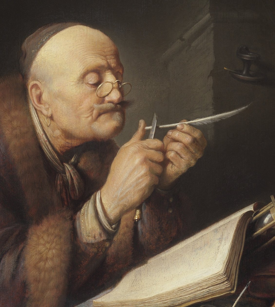 Acadêmico, afiando uma caneta de pena de Gerrit Dou