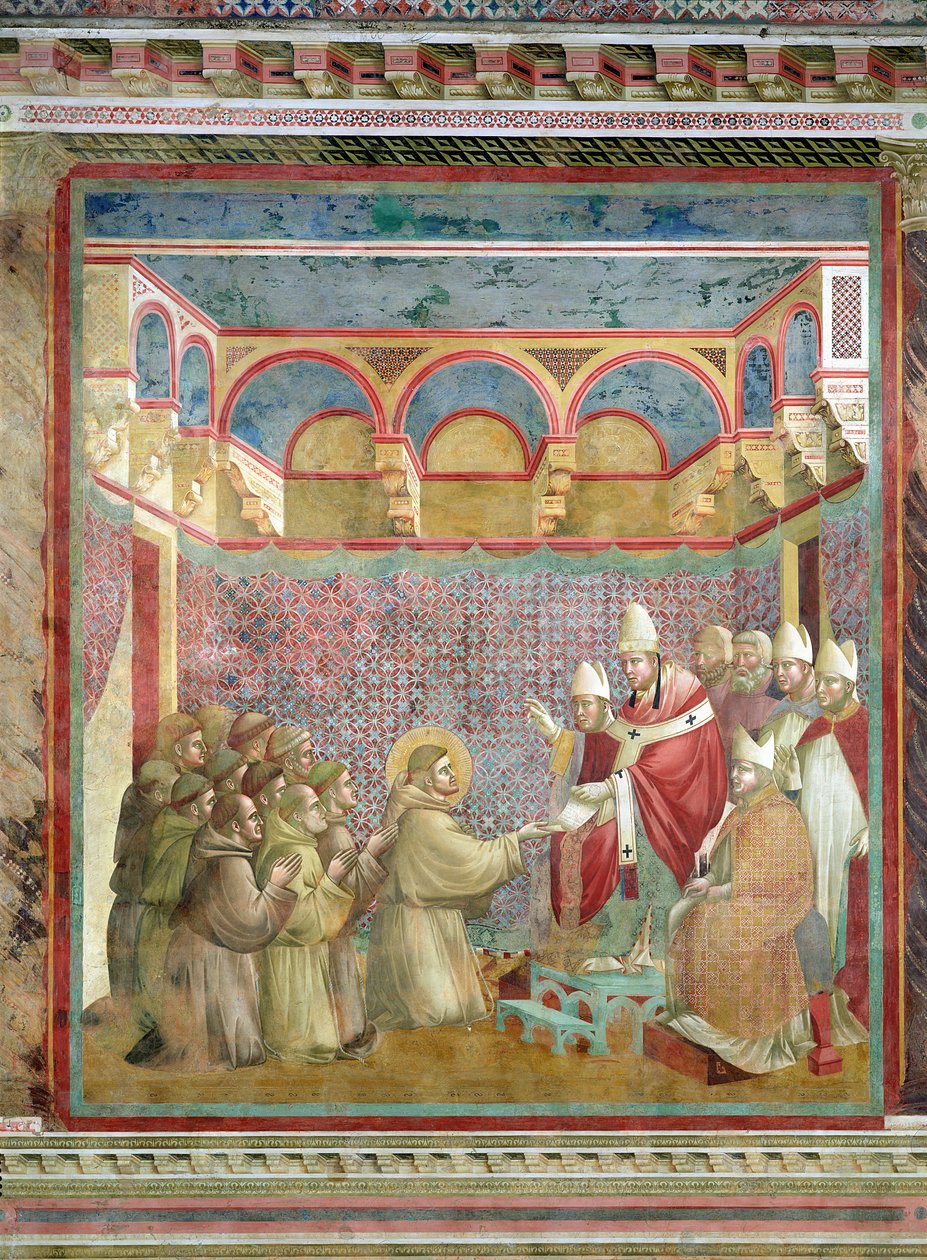 São Francisco recebe a aprovação de seu "Regula Prima" do papa Inocêncio III (1160-1216) em 1210, 1297-99 de Giotto di Bondone