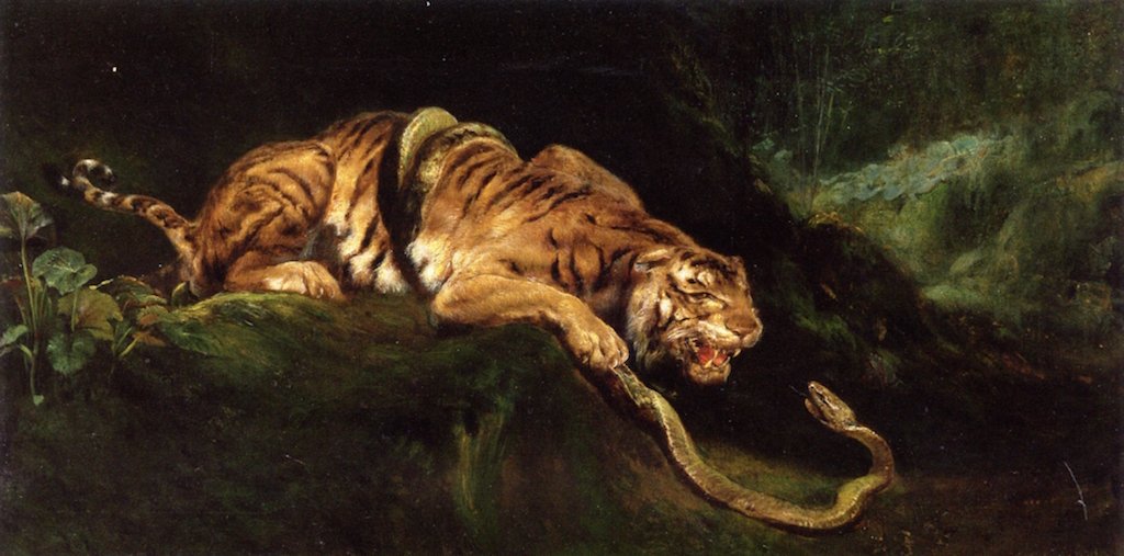 Um tigre lutando com um snaken de Giulio Aristide Sartorio