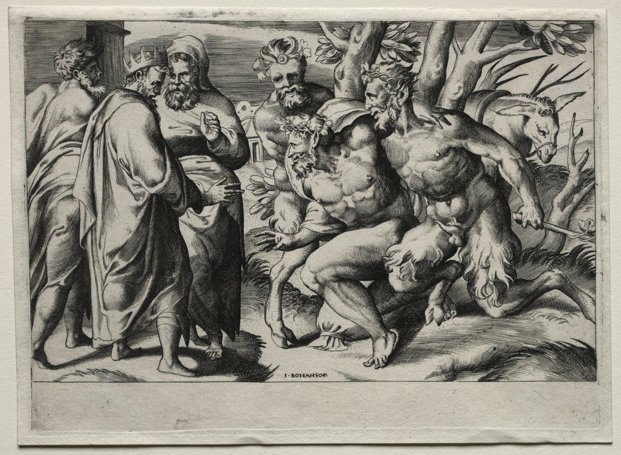 Silenus e rei Midas, meados do século XVI. de Giulio Bonasone