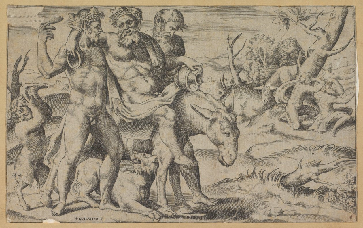 Silenus montando um burro de Giulio Bonasone