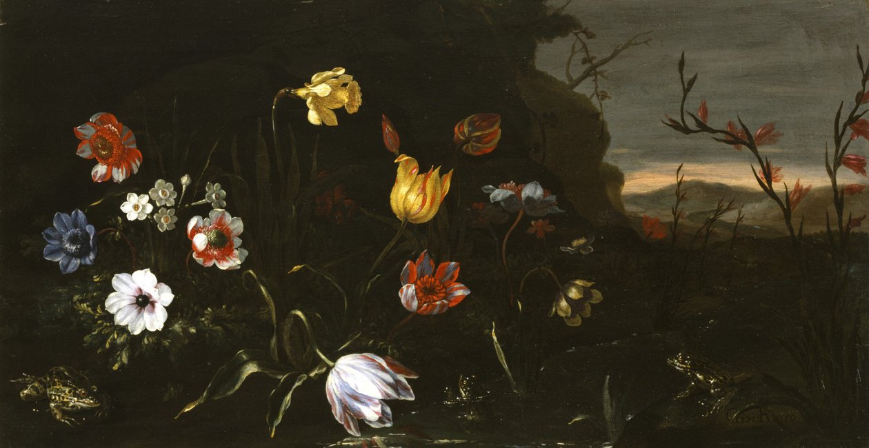 Flores e rãs de Giuseppe Recco