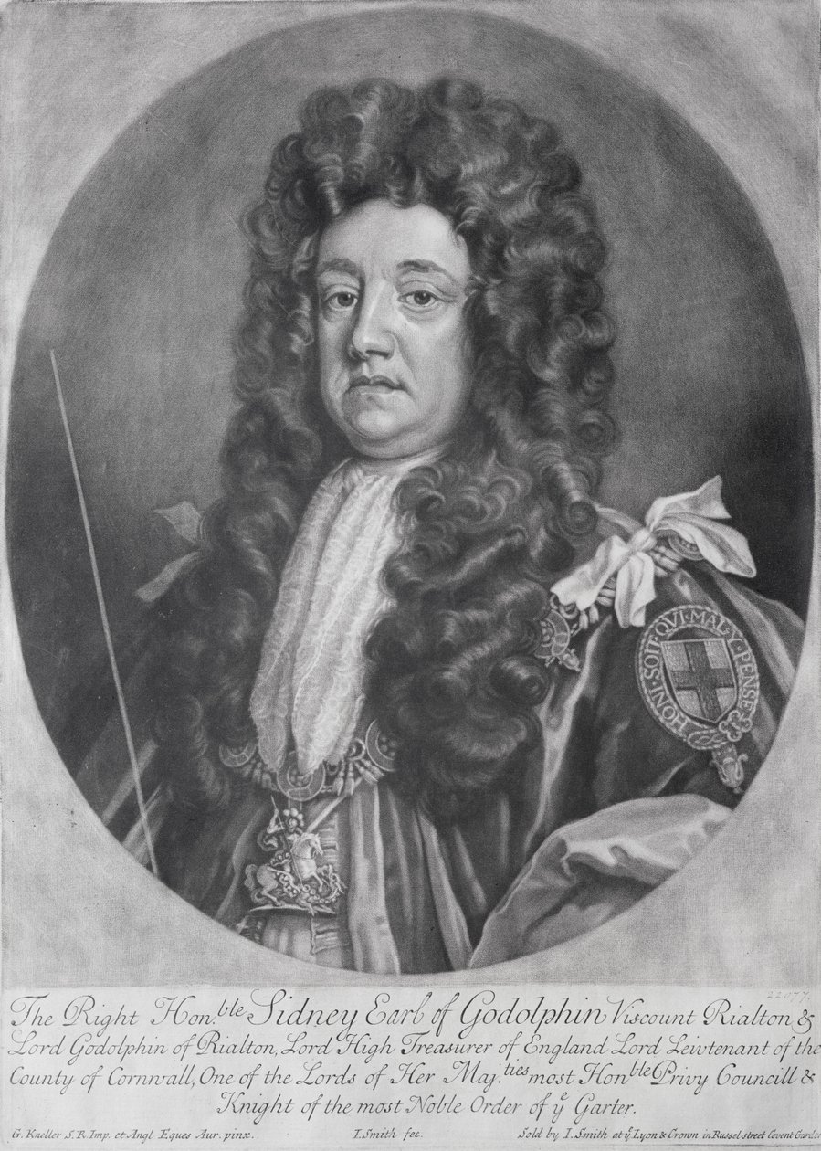 Retrato de Sidney Godolphin (1645-1712) 1º Conde de Godolphin gravado e publicado por John Smith (1652-1743) 1707 (mezzotint) de Godfrey Kneller