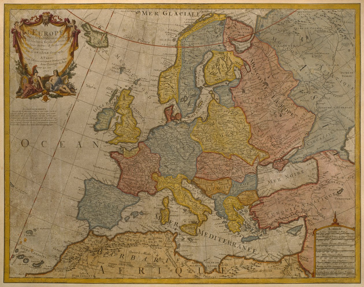 Mapa da Europa, publicado em 1700, Paris (gravura a cores) de Guillaume Delisle