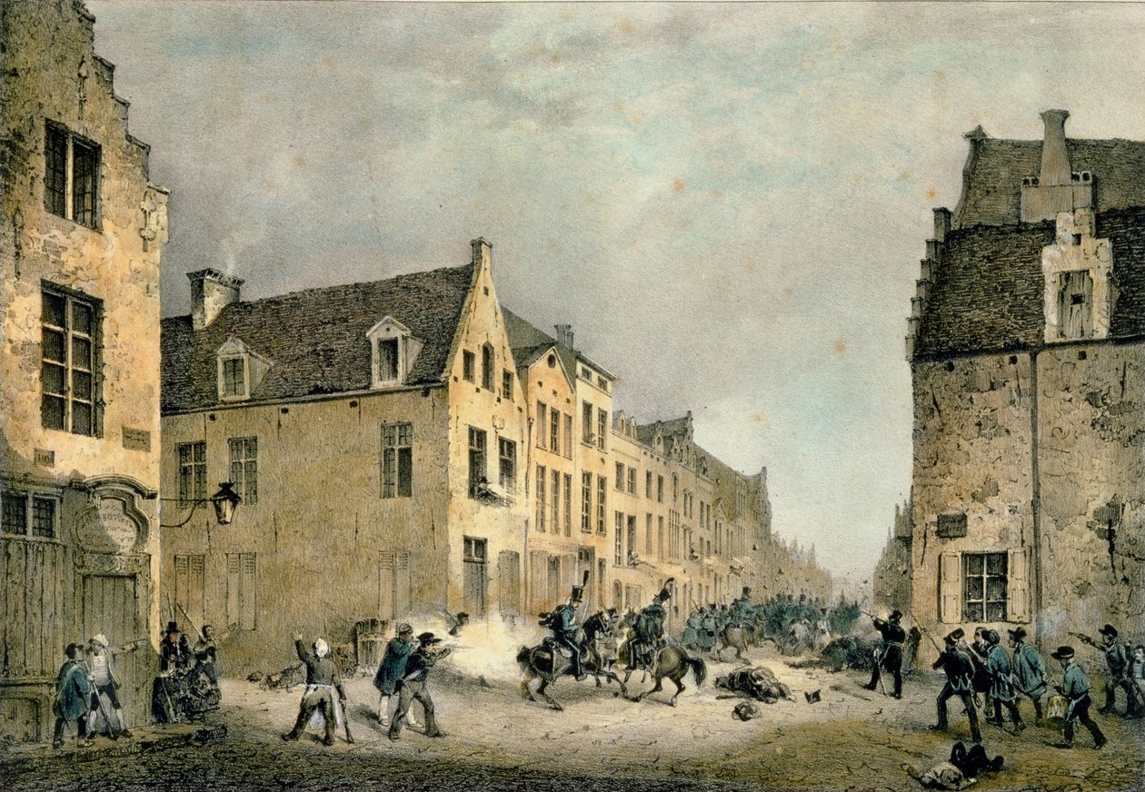 Desvio de uma divisão holandesa na Porte de Flandre, em Bruxelas, em 23 de setembro de 1830, com gravação de Jean Baptiste Madou (1796-1877) de Gustave Adolphe Simoneau