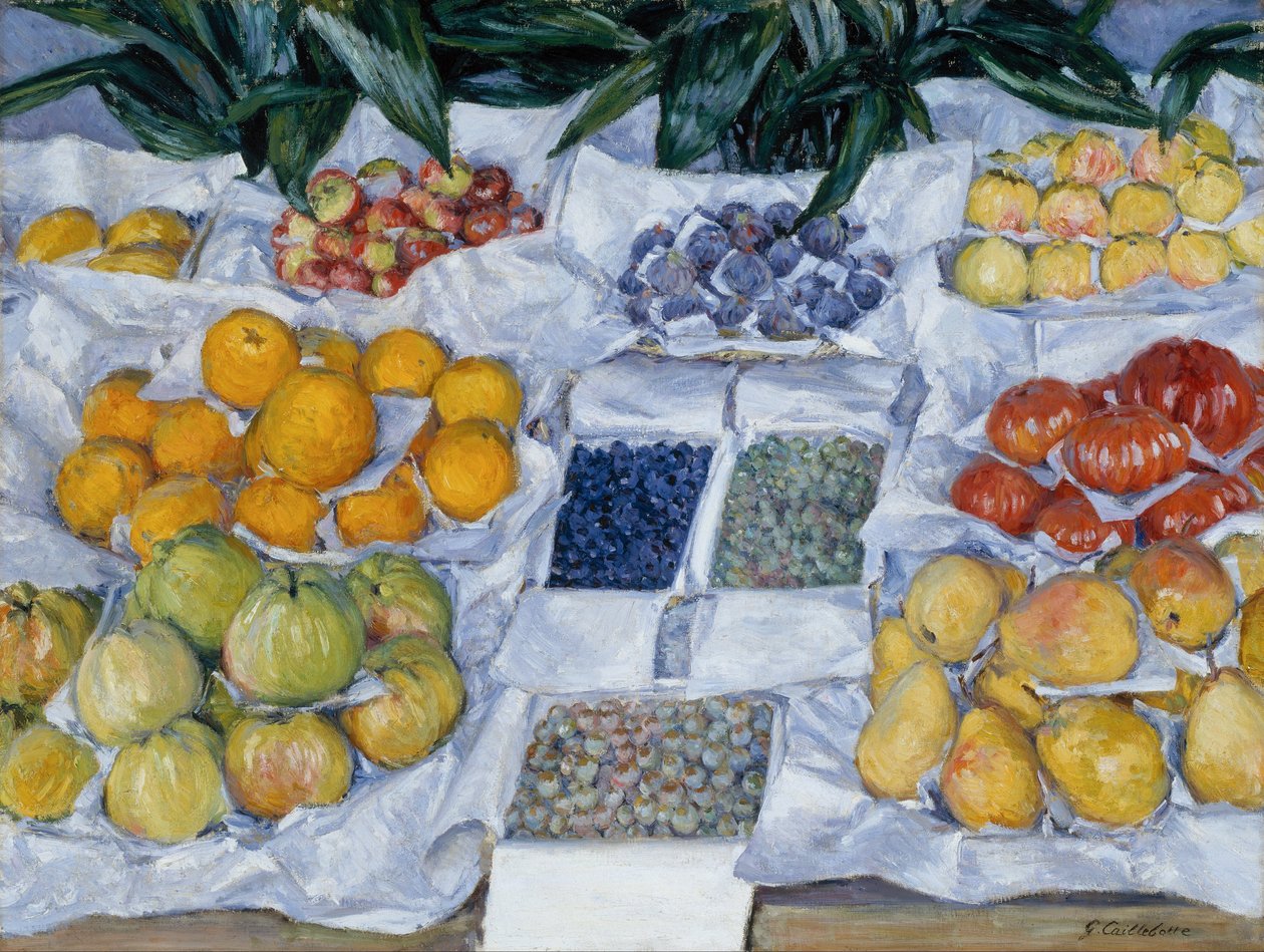 Frutas exibidas em um stand de Gustave Caillebotte