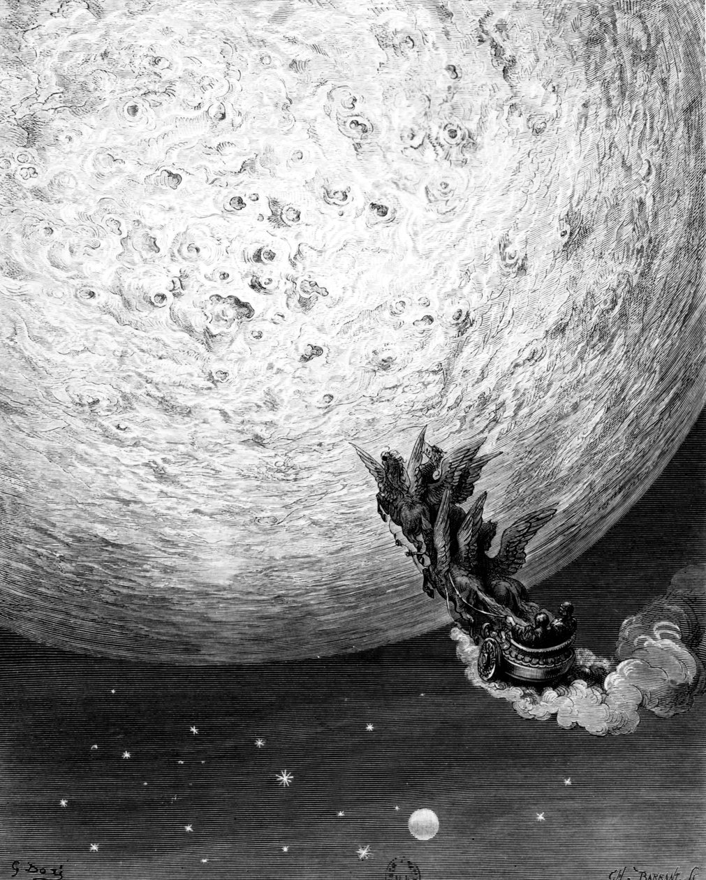 Astolfo na Lua, estrofe 70, canto XXXIV de The Frenzy of Orlando por Ludovico Ariosto, 1879 de Gustave Dore