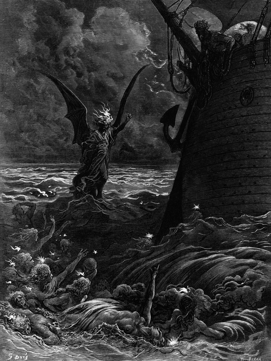 Foguetes da morte dançando ao redor do navio, cena de &39;The Rime of the Ancient Mariner&39; de ST Coleridge, por ST Coleridge, publicado pela Harper und Brothers, Nova York, 1876 (gravura em madeira) de Gustave Dore