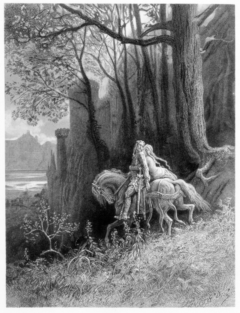 Geraint e Enid Ride Away, ilustração de "Idylls of the King", de Alfred Tennyson de Gustave Dore