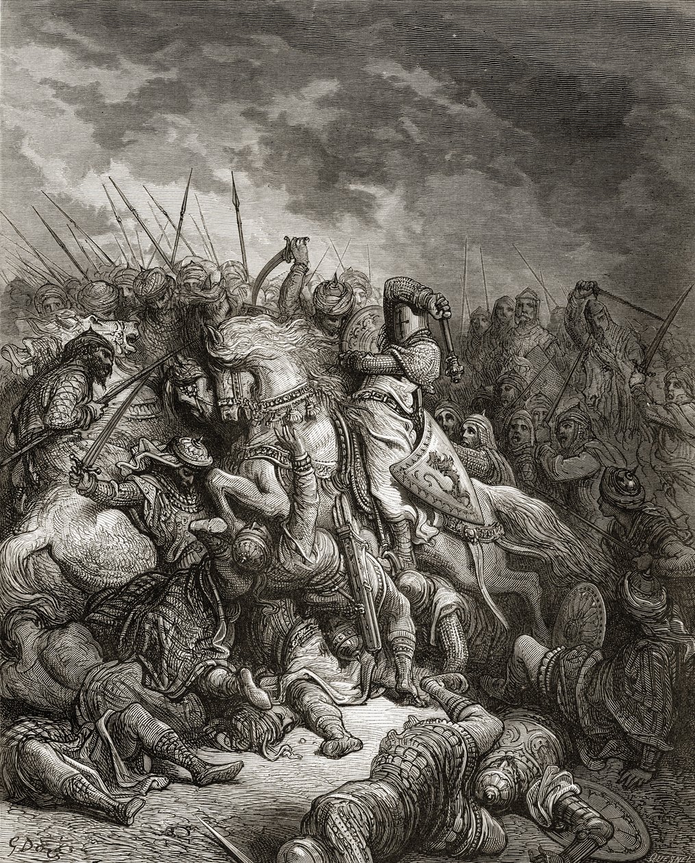 Richard I (1157-99) o Lionheart na batalha em Arsuf em 1191, ilustração de "Bibliotheque des Croisades" por JF. Michaud, 1877 de Gustave Dore