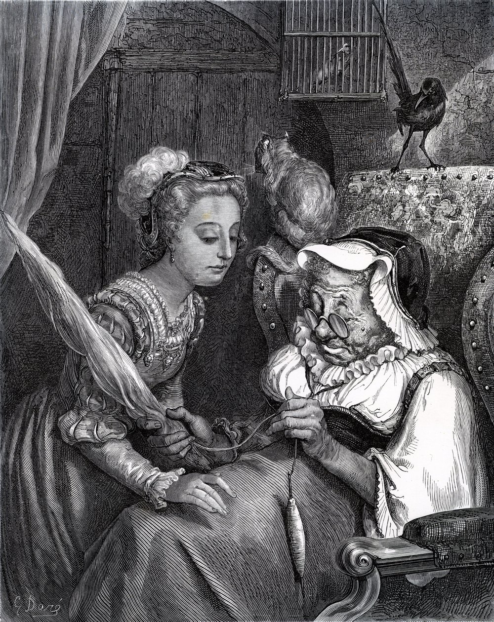 Bela Adormecida: Princesa e fada Spite na torre. de Gustave Dore