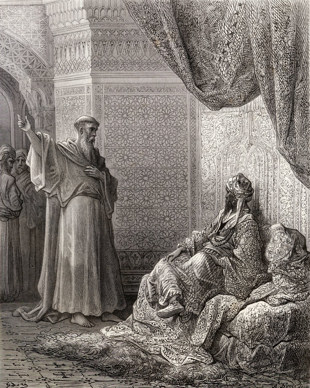 São Francisco de Assis (1181-1226) empenha-se em converter o sultão Malek Kamel, ilustração de "Bibliotheque des Croisades" por JF. Michaud, 1877 de Gustave Dore