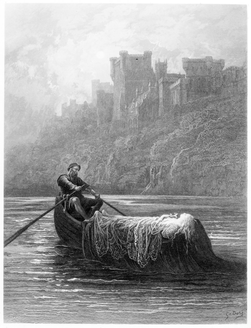 O corpo de Elaine a caminho do Palácio do Rei Artur, ilustração de &39;Idylls of the King&39; de Alfred Tennyson de Gustave Dore