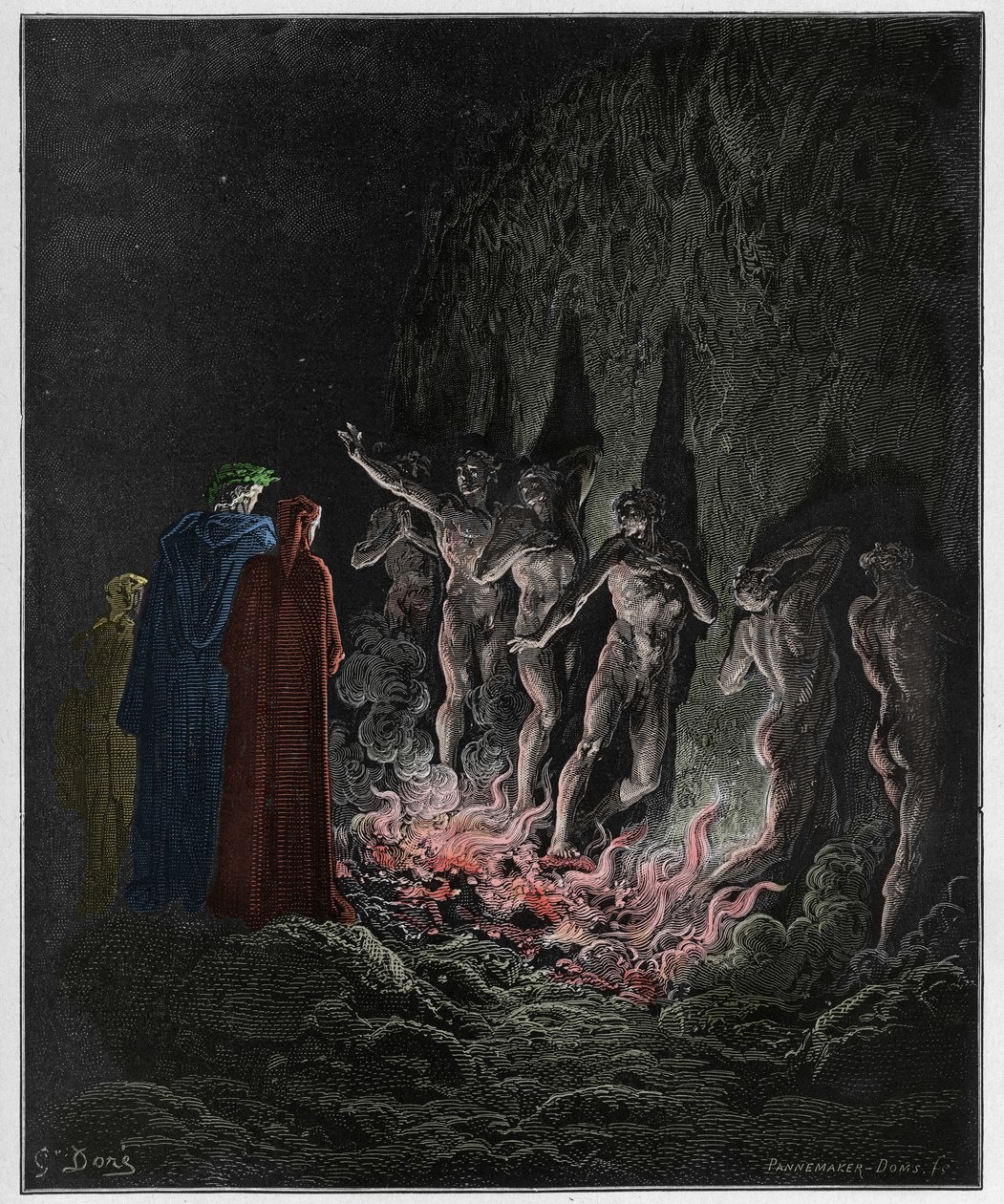 Purgatorio, Canto 25: A luxuriosa passagem pelo fogo no sétimo círculo, ilustração da Divina Comédia de Dante Alighieri, 1885 (gravura digital colorida) de Gustave after Dore