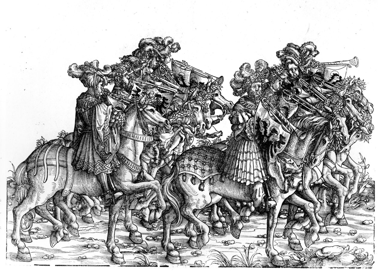 Dez músicos com trombetas, da procissão triunfal do imperador Maximiliano I, c.1517 de Hans Burgkmair